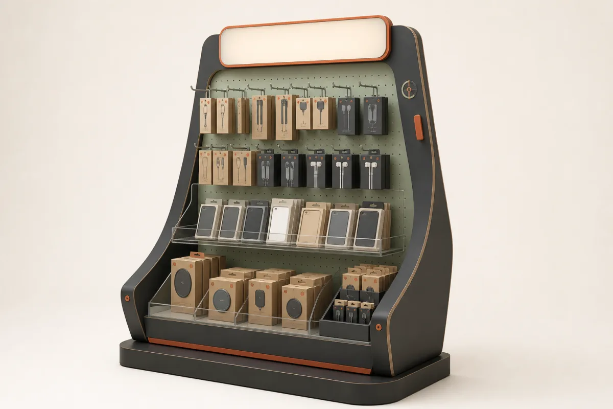 Custom mixed-material POP display with shelves, hooks and product packs