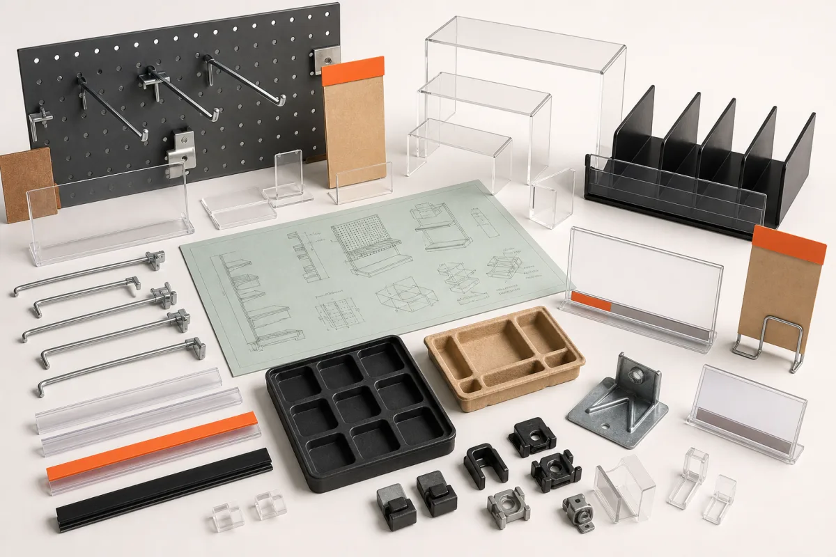 Retail display hardware kit with hooks, dividers, risers and sign holders