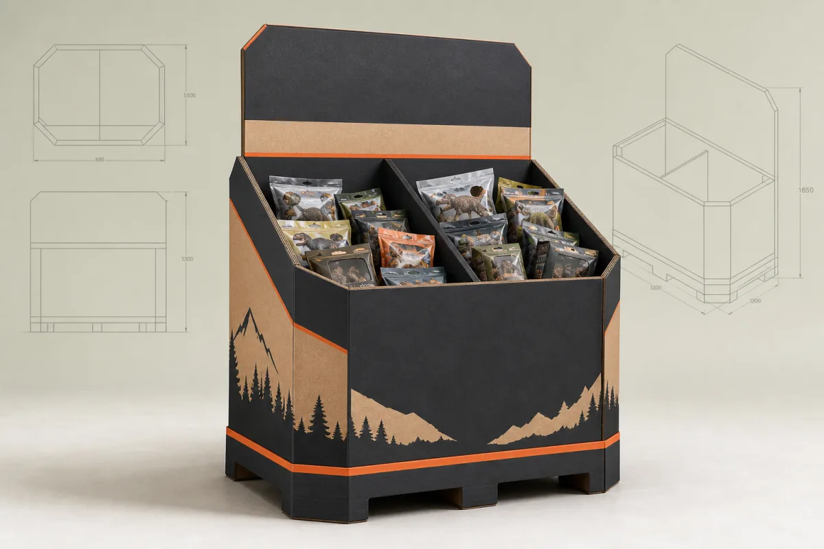 Reinforced corrugated dump bin display with divider and packaged products