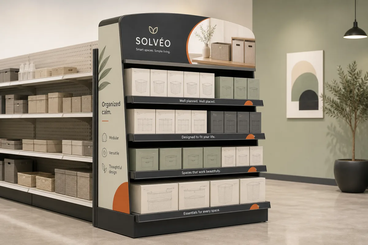 Custom four-shelf endcap display installed on a retail gondola