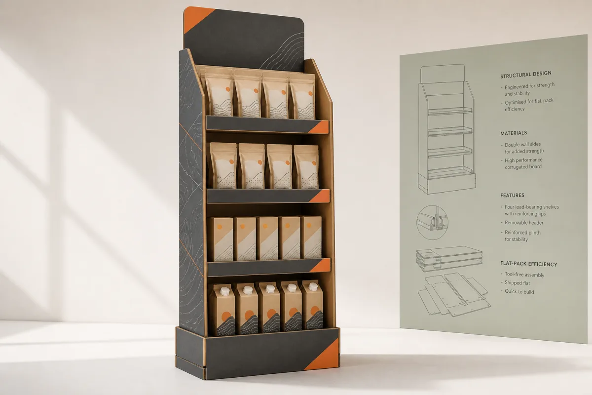 Four-shelf corrugated floor standing display with retail-ready product packs