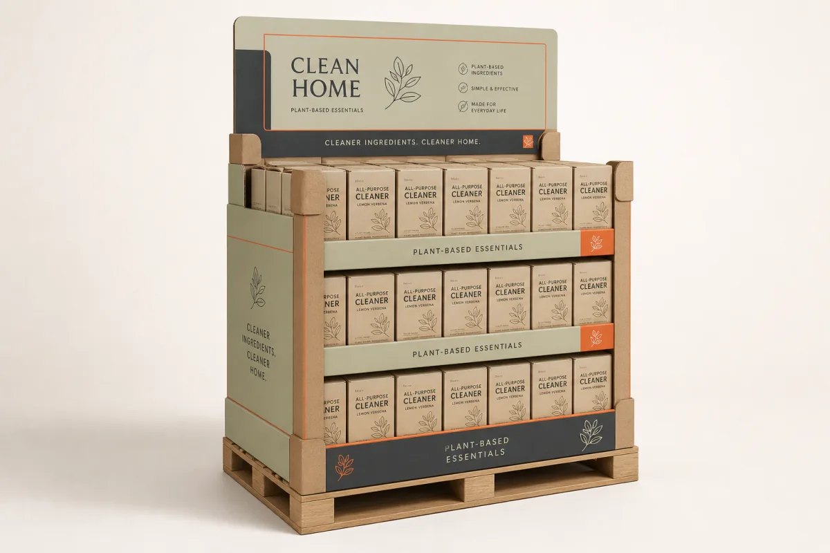 Reinforced retail pallet display loaded with neutral household product cartons