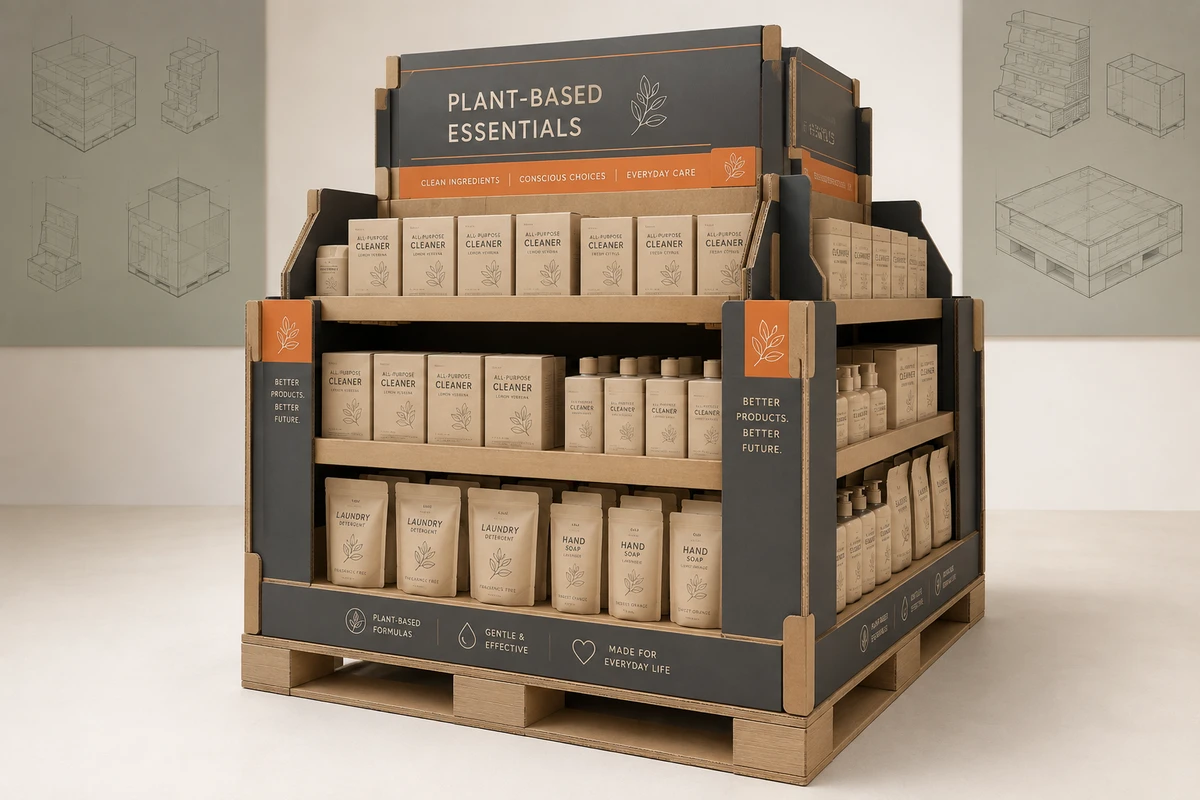 Four-sided corrugated retail island display on a pallet with products merchandised on every face