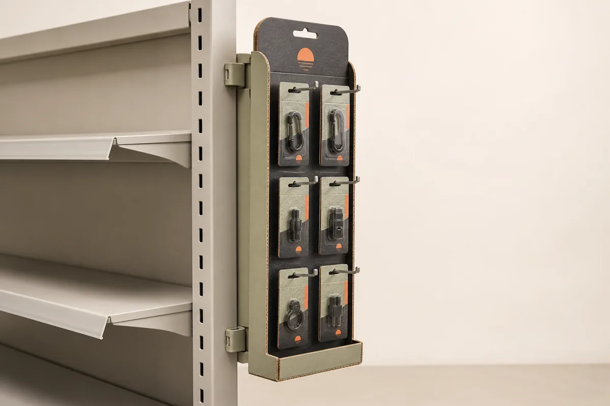 Narrow corrugated sidekick display mounted to a retail gondola with peg hooks