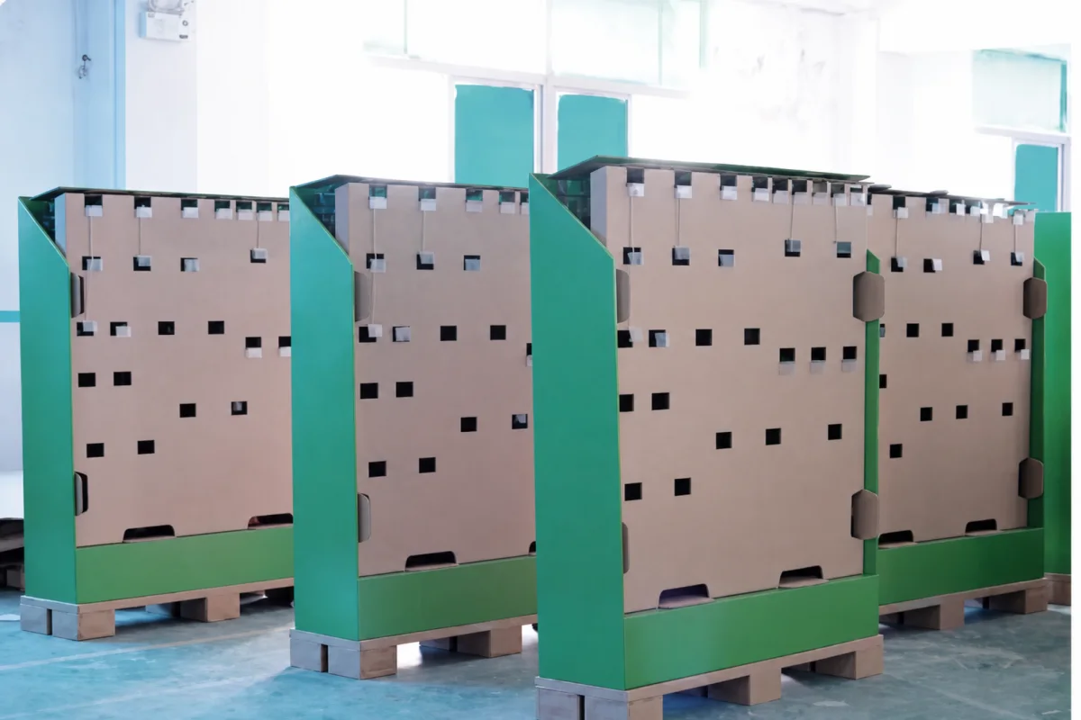 Assembled corrugated pallet display structures on the production floor