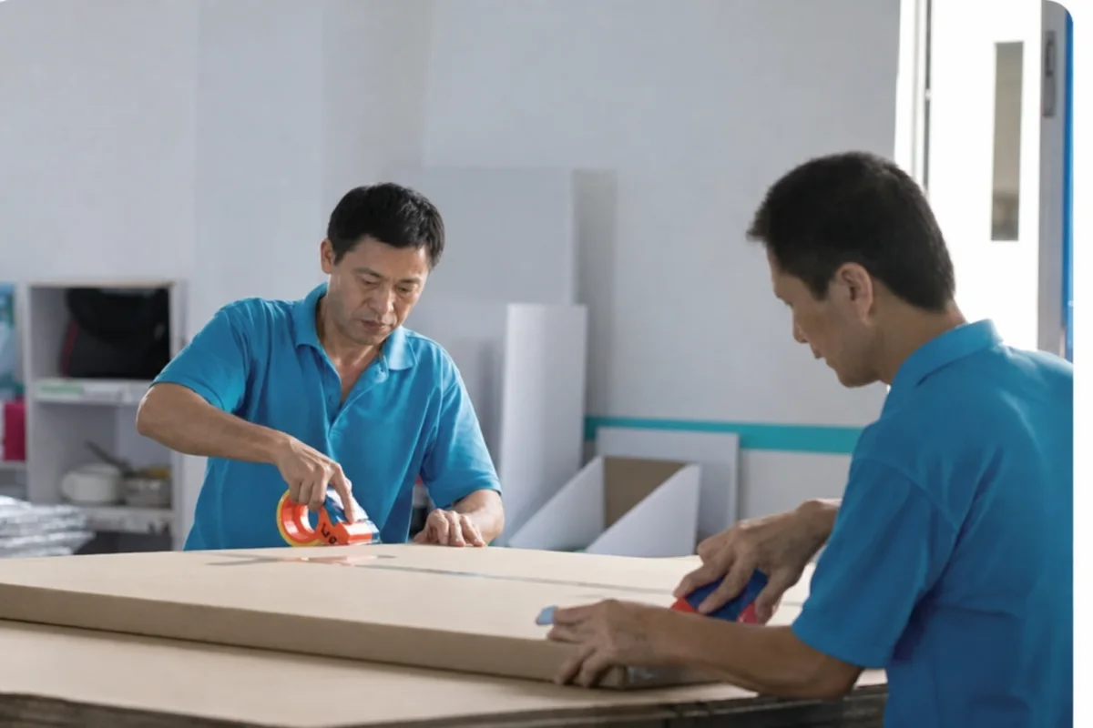 Operators packing flat retail display components for export shipment